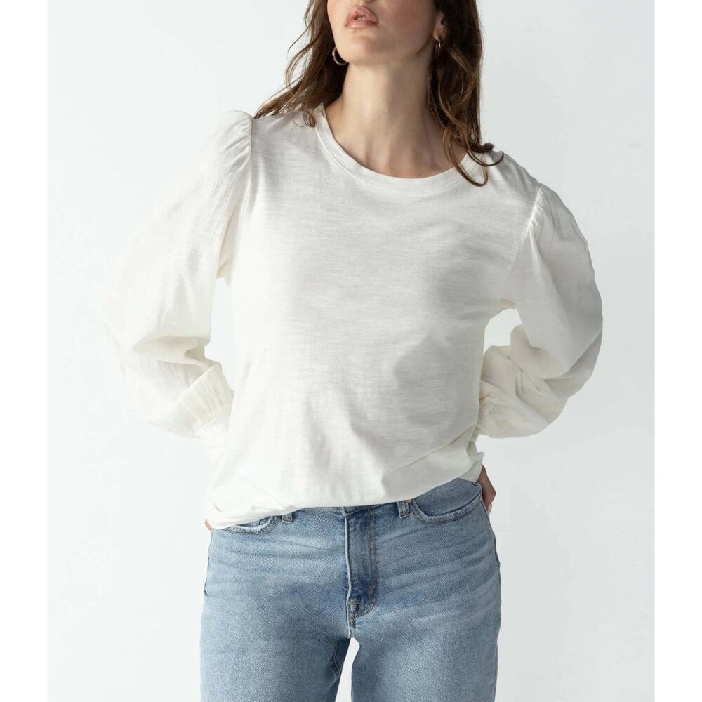 SANCTUARY Wonderland Mix Media Top Sz S White Peasant Sleeve Cotton Rayon Blend